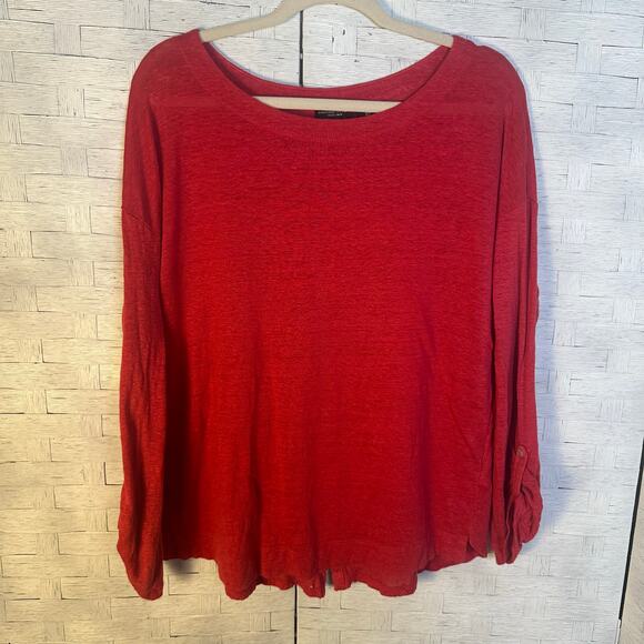 Adrienne Vittadini women’s 100% linen T-shirt long sleeve roll tab red feminine - Picture 1 of 8